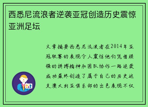 西悉尼流浪者逆袭亚冠创造历史震惊亚洲足坛 西悉尼流浪者逆袭亚冠创造历史震惊亚洲足坛